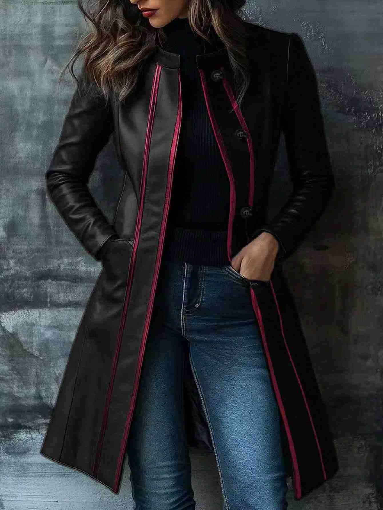 Color-Block Leather Jacket | Urban Leather Trench Jacket
Retro Leather Trench | Streetwear Jacket
Vintage Color-Block Coat | Leather Outerwear
Chic Leather Jacket | Modern Trench Style
Black Leather Trench | Urban Fashion Coat