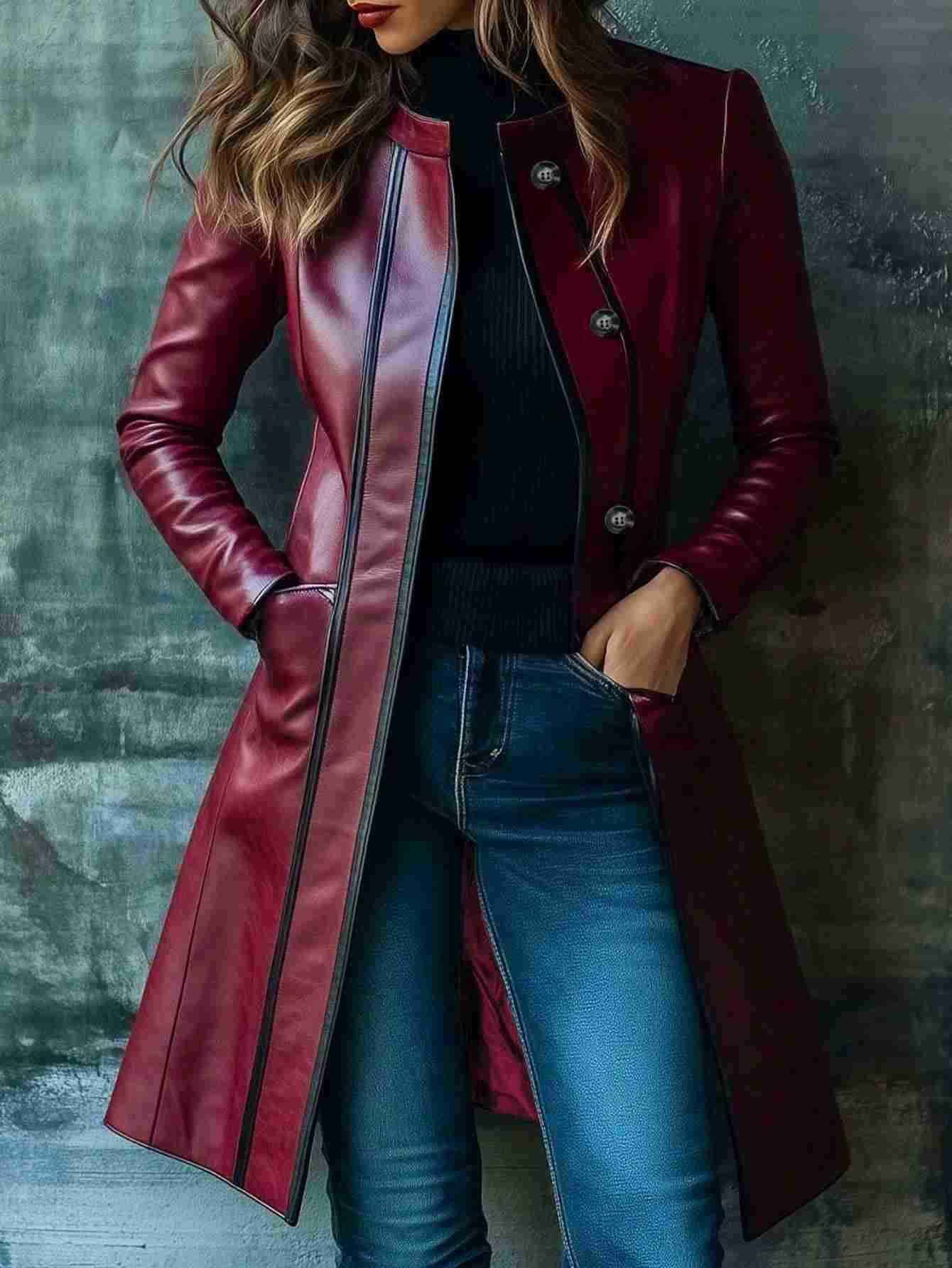 Color-Block Leather Jacket | Urban Leather Trench Jacket
Retro Leather Trench | Streetwear Jacket
Vintage Color-Block Coat | Leather Outerwear
Chic Leather Jacket | Modern Trench Style
Black Leather Trench | Urban Fashion Coat